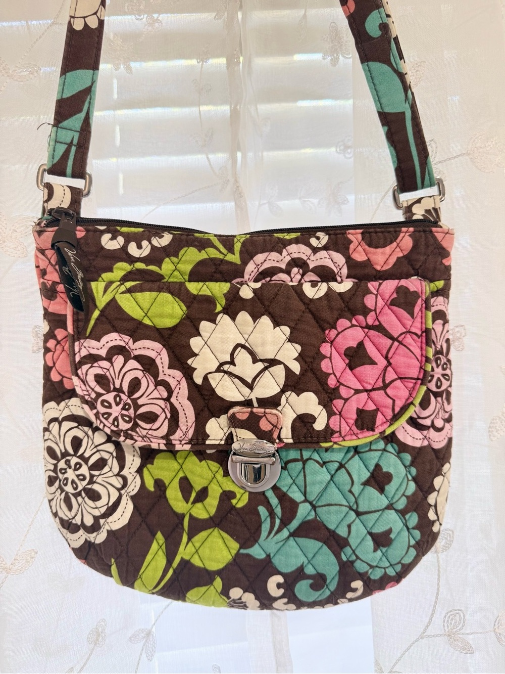 Vera Bradley Lola Brown Floral Quilted Purse with Pink, Teal & Lime